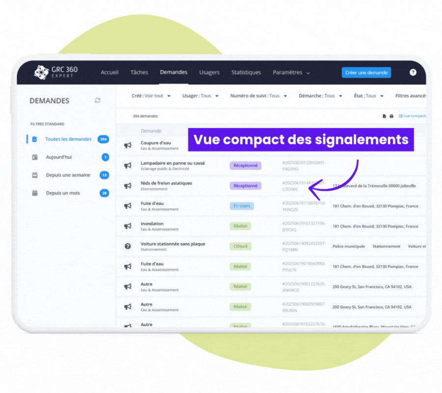 GIF des vues signalements GRC 360