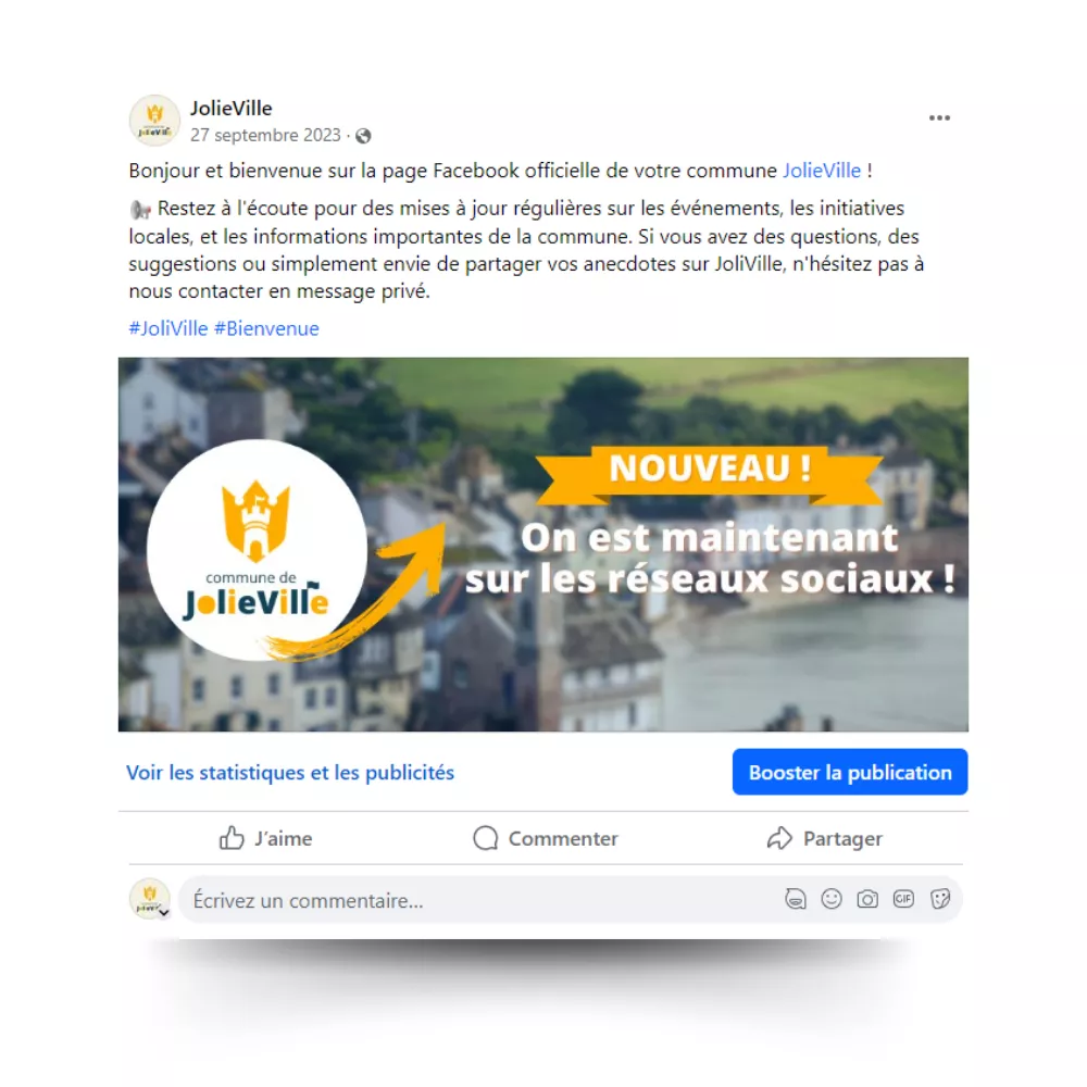 visuel illustrant une publication facebook type sur la page d'une collectivité