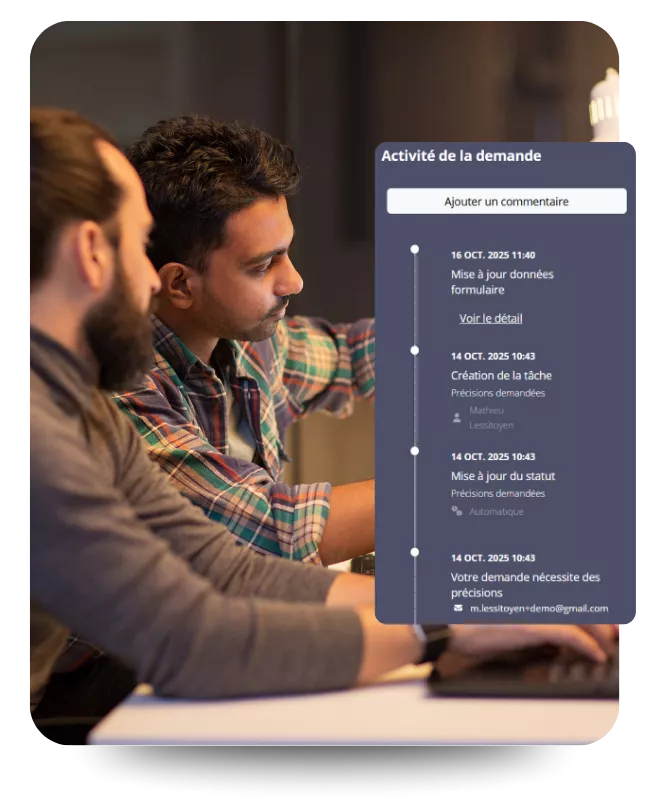 Capture d'un logiciel de gestion du courrier montrant l'historique automatique