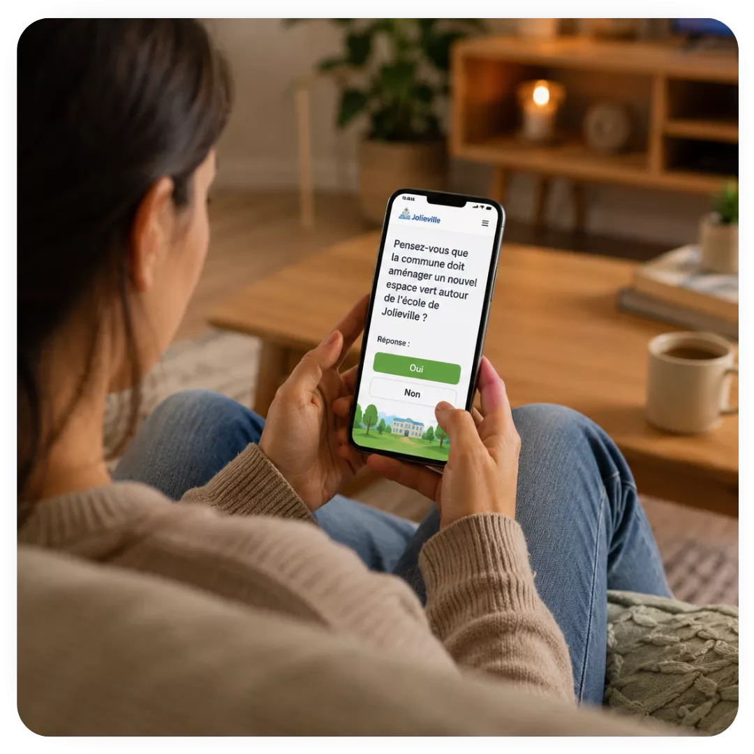 Une citoyenne qui répond à un sondage sur l'application mobile de sa collectivité